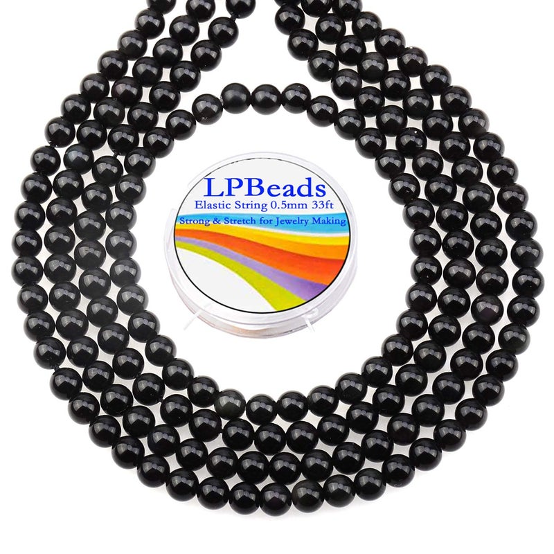 LPBeads 200Pcs Polished 6mm Round Natural Black Obsidian Gemstone Loose Beads with Stretch Cord for Jewelry Making Bracelets - Image 1